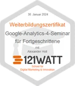 121WATT-Badge: Google-Analytics-4-Seminar für Fortgeschrittene, 30. Januar 2024