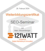 121WATT-Badge: SEO-Seminar, 20. Februar 2024